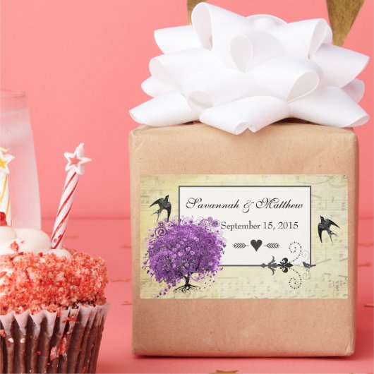 ラディアントパープルハートリーフ結婚の木 長方形シール (パーティー)