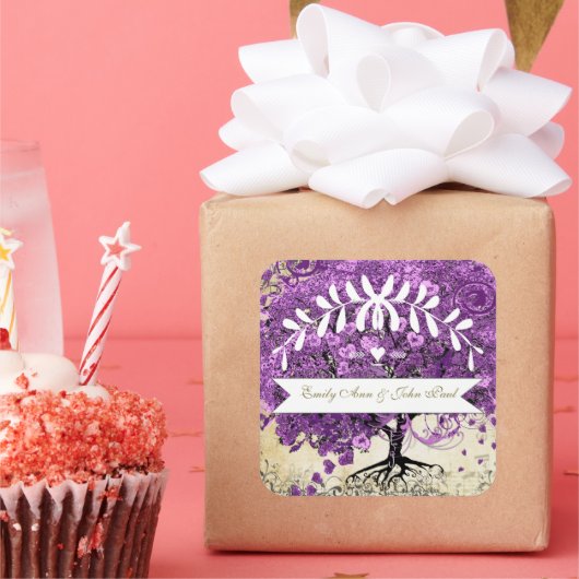 ラディアントパープルロマンチックハート結婚リーフ スクエアシール (パーティー)