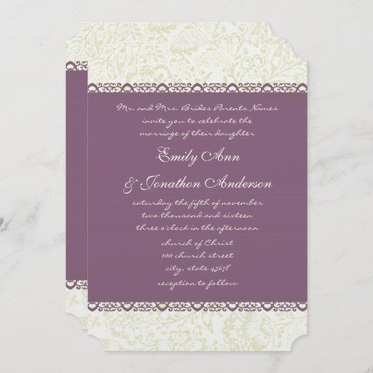 ラディアントパープルヴィンテージダマスクウェディング 招待状 (正面/裏面)