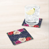 ラディアントフローラネイビーブルーブルガンディーレッド スクエアペーパーコースター (インサイチュ)