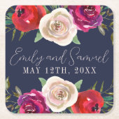 ラディアントフローラネイビーブルーブルガンディーレッド スクエアペーパーコースター (正面)