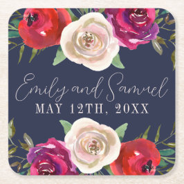 ラディアントフローラネイビーブルーブルガンディーレッド スクエアペーパーコースター