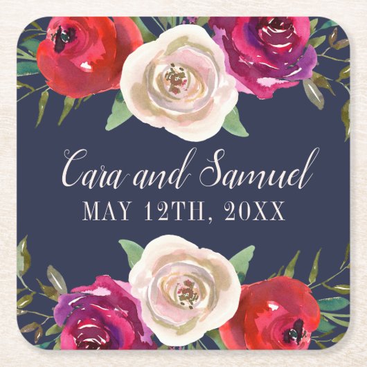 ラディアントフローラネイビーブルーブルガンディーレッド スクエアペーパーコースター (正面)