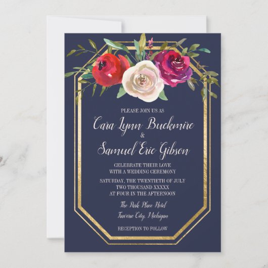 ラディアントフローラネイビーブルーブルゴーニュ結婚フォト 招待状 (正面)