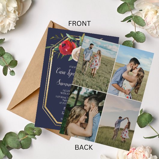 ラディアントフローラネイビーブルーブルゴーニュ結婚フォト 招待状