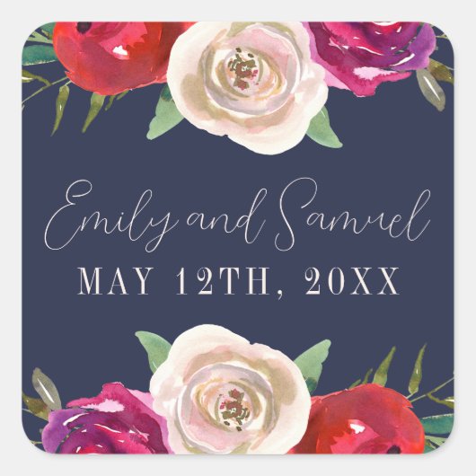 ラディアントフローラネイビーブルーブルゴーニュ結婚レッド スクエアシール (正面)