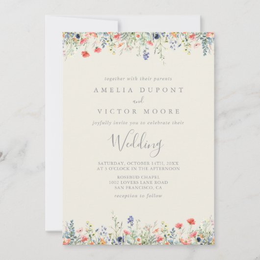 ラディア数々のカラーのワイルドフラワーのフロントとバック結婚ズ 招待状 (正面)