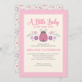 ラディバグかわいいピンクのフローラガールベビーシャワー 招待状 (正面/裏面)