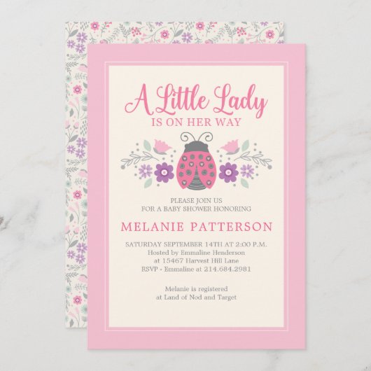 ラディバグかわいいピンクのフローラガールベビーシャワー 招待状 (正面/裏面)