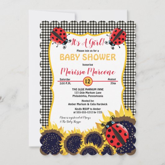 ラディバグとヒマワリ女の子の赤ちゃんシャワー 招待状 (正面)