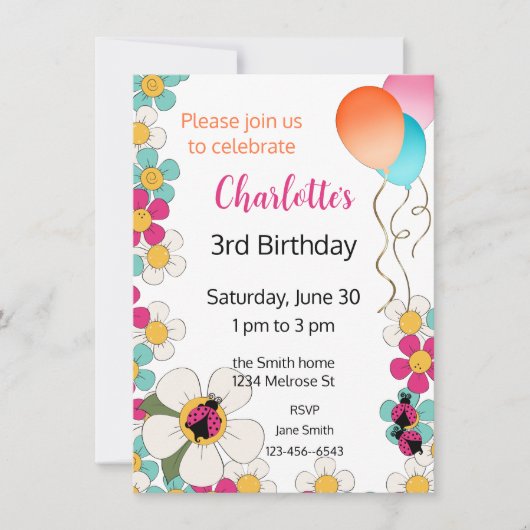 ラディバグと花の誕生日パーティーへの招待 招待状 (正面)