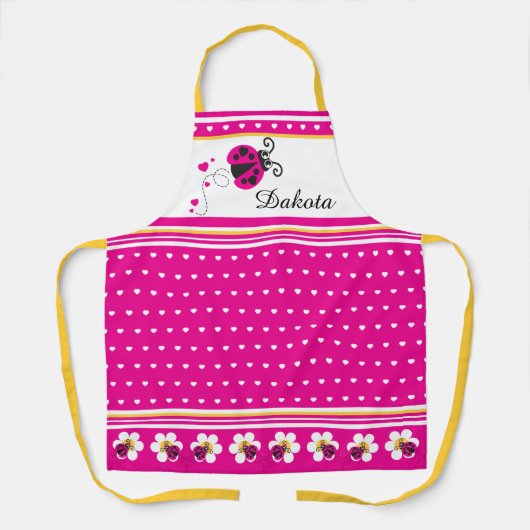 ラディバグのハート点と花のピンクの白い黄色 エプロン (正面)