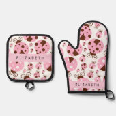 ラディバグのパターン，ピンクのラディバグ，あなたの名前 鍋つかみ&鍋敷きセット (正面)