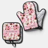 ラディバグのパターン，ピンクのラディバグ，あなたの名前 鍋つかみ&鍋敷きセット (正面/裏面)