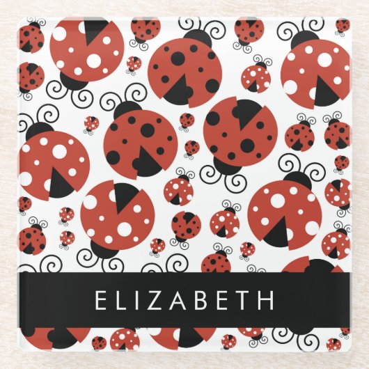 ラディバグのパターン，赤いラディバグ，あなたの名前 ガラスコースター (正面)