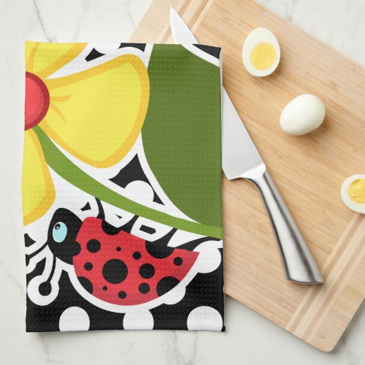 ラディバグの白黒水玉模様 キッチンタオル (四つ折り)