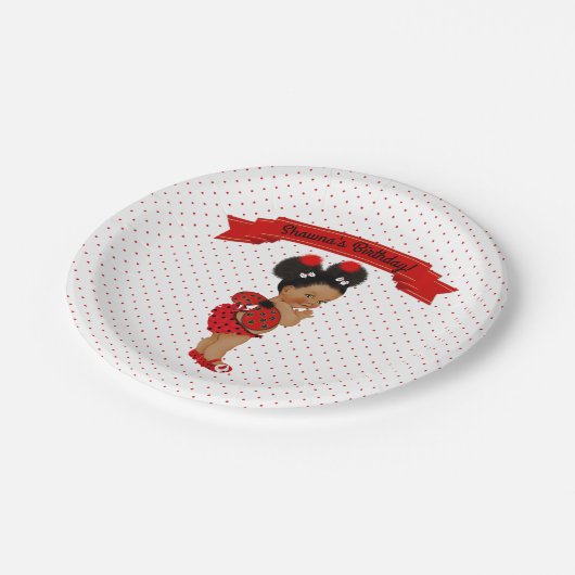 ラディバグアフリカ系アメリカ人ベビーガールレッドドット ペーパープレート (アングル)