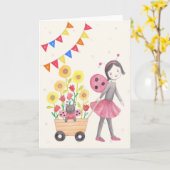 ラディバグガール&キャットヒマワリかわいい誕生日カード カード (黄色い花)