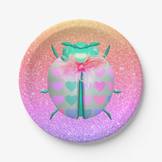 ラディバグハートパターンかわいいグリッターグラディエントガーリー ペーパープレート (正面)