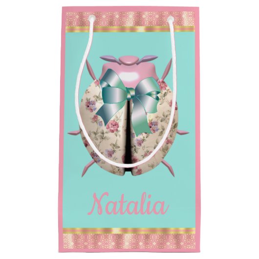 ラディバグバラのフローラピンクの青かわいい スモールペーパーバッグ (正面)