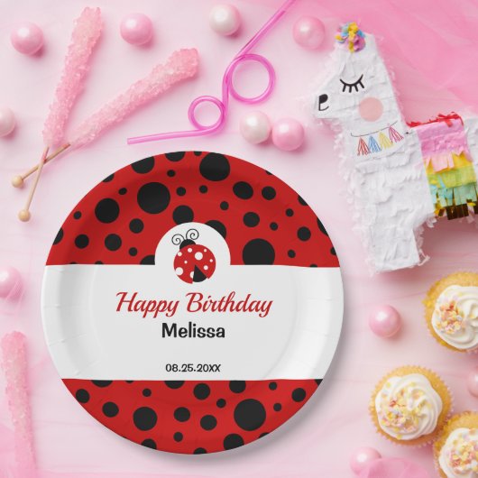 ラディバグレッドブラック水玉模様子供の誕生日 ペーパープレート (パーティー)