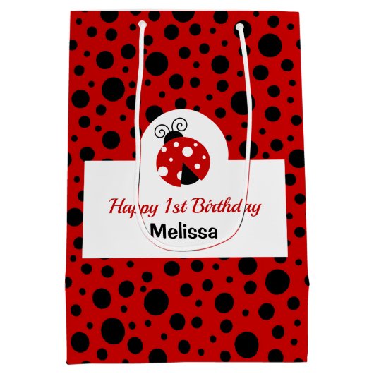 ラディバグレッドブラック水玉模様子供の誕生日 ミディアムペーパーバッグ (裏面)