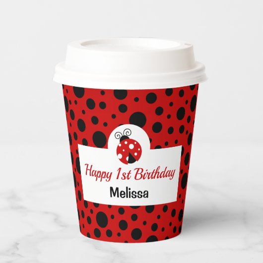 ラディバグレッドブラック水玉模様子供の誕生日 紙コップ (正面)