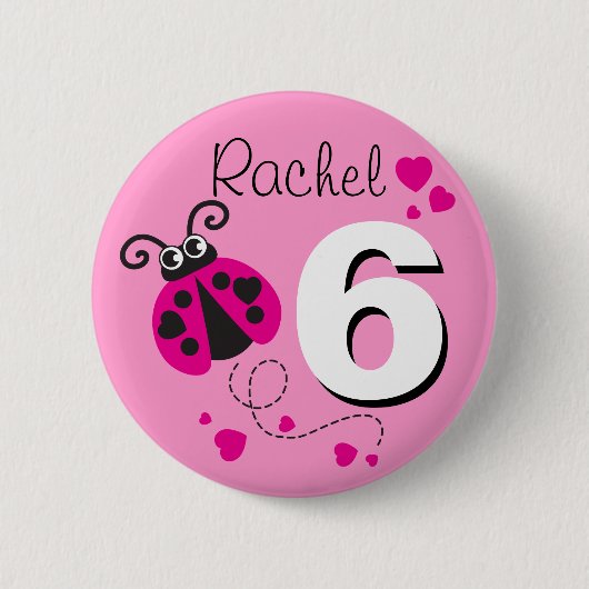 ラディバグ女の子6th誕生日の名前ピンクのボタン 缶バッジ (正面)