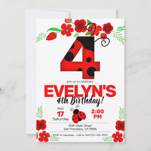 ラディバグ招待状4歳の誕生日 招待状 (正面)