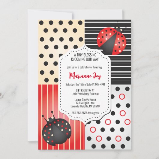 ラディバグ赤ちゃんシャワー | 赤と黒の水玉模様 招待状 (正面)
