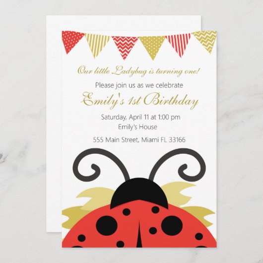 ラディバグ金ゴールドレッドガールバースデーパーティーの招待 招待状 (正面/裏面)