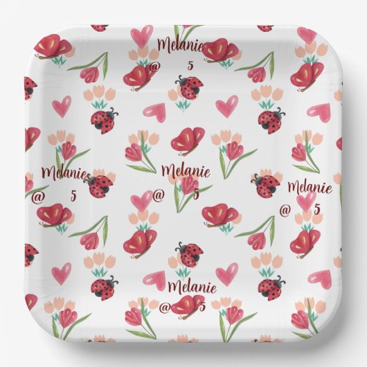 ラディバグ、蝶とチューリップのハートパターン ペーパープレート (正面)