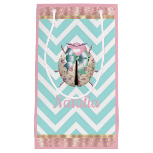 ラディバグchevronピンクブルーフローラかわいい スモールペーパーバッグ (正面)