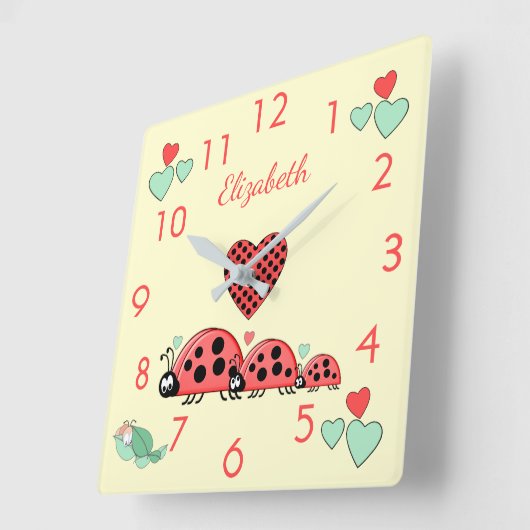 ラディバードとキャタピラーの名前子供部屋 スクエア壁時計 (傾斜)