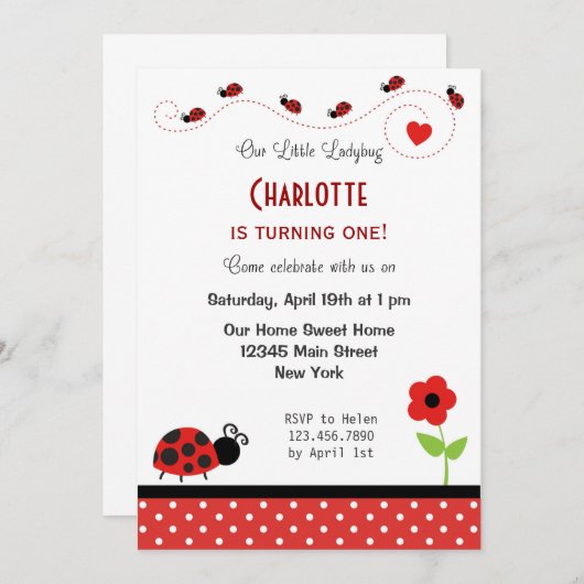ラディブグ誕生日招待状ブラックレッド水玉模様 招待状 (正面/裏面)