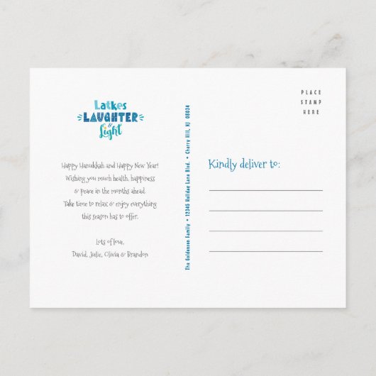 ラトケの笑い 輝く現代の楽しいハヌカの写真 シーズンポストカード (裏面)