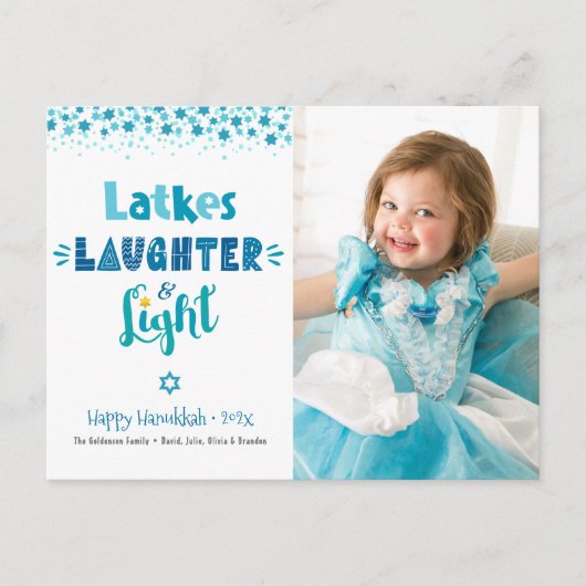 ラトケの笑い 輝く現代の楽しいハヌカの写真 シーズンポストカード (正面)