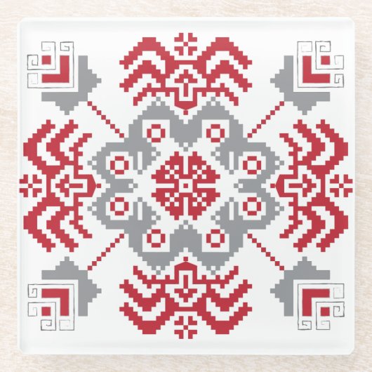 ラトビアのアユークリスフォークアート幾何学的メダリオン ガラスコースター (正面)