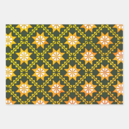 ラトビアのヴィンテージグリーンフォークアートアユスクリスパターン ラッピングペーパーシート