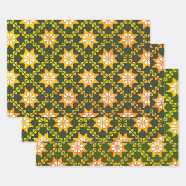 ラトビアのヴィンテージグリーンフォークアートアユスクリスパターン ラッピングペーパーシート