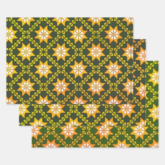 ラトビアのヴィンテージグリーンフォークアートアユスクリスパターン ラッピングペーパーシート (セット)