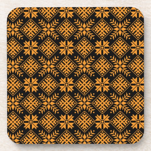 ラトビアのヴィンテージブラックとオレンジのフォークアートパターン コースター (正面)