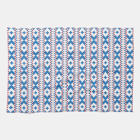 ラトビアの古代シンボルや象徴の青、赤、白のフォークアート キッチンタオル (横)