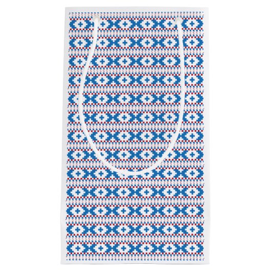 ラトビアの古代シンボルや象徴の青、赤、白のフォークアート スモールペーパーバッグ (正面)