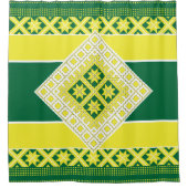 ラトビアの民俗芸術 黄緑色 幾何学 メダリオン シャワーカーテン (正面)