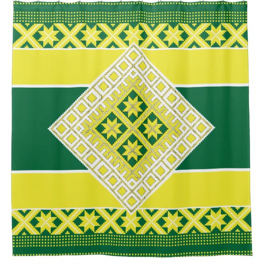 ラトビアの民俗芸術 黄緑色 幾何学 メダリオン シャワーカーテン (正面)