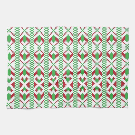 ラトビアの緑と赤の部族のフォークアート キッチンタオル (横)