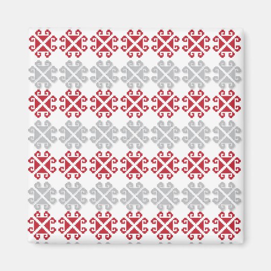 ラトビアの赤と灰色の幾何学的なムーンクロス マグネット (正面)