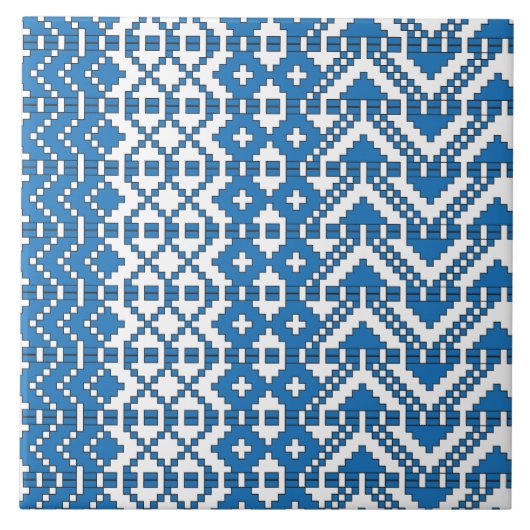 ラトビアの青と白のフォークアートパターン タイル (正面)