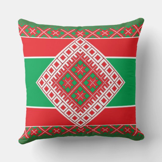 ラトビアフォークアート赤と緑の幾何学的メダリオン クッション (裏面)